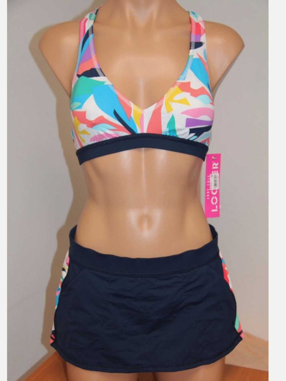 NWT Anne Cole Locker Swimsuit Bikini 2 pc set Sz XS S T-Back Skirt Multi Navy